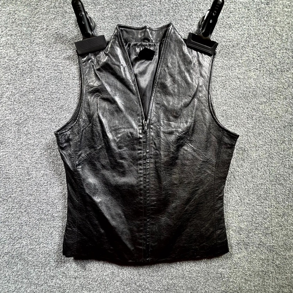 Vintage Mixit Genuine Leather Biker Moto Vest Women's 8T Black Lined Front Zip